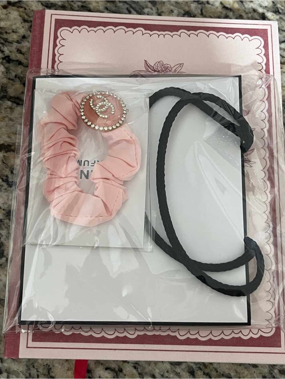 CHANEL Pink Satin Scrunchie with Crystal CC Charm
